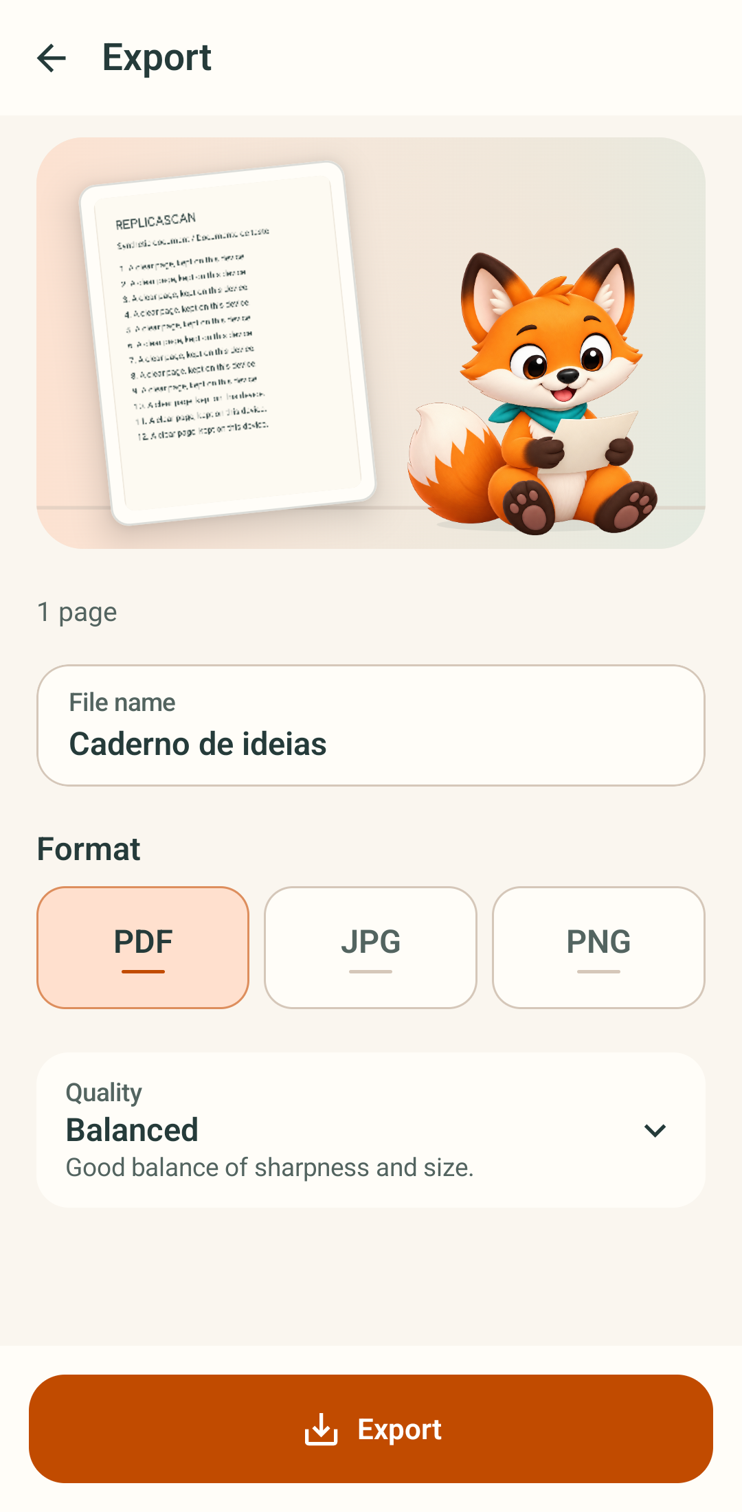Opções de nome, formato e qualidade da exportação.