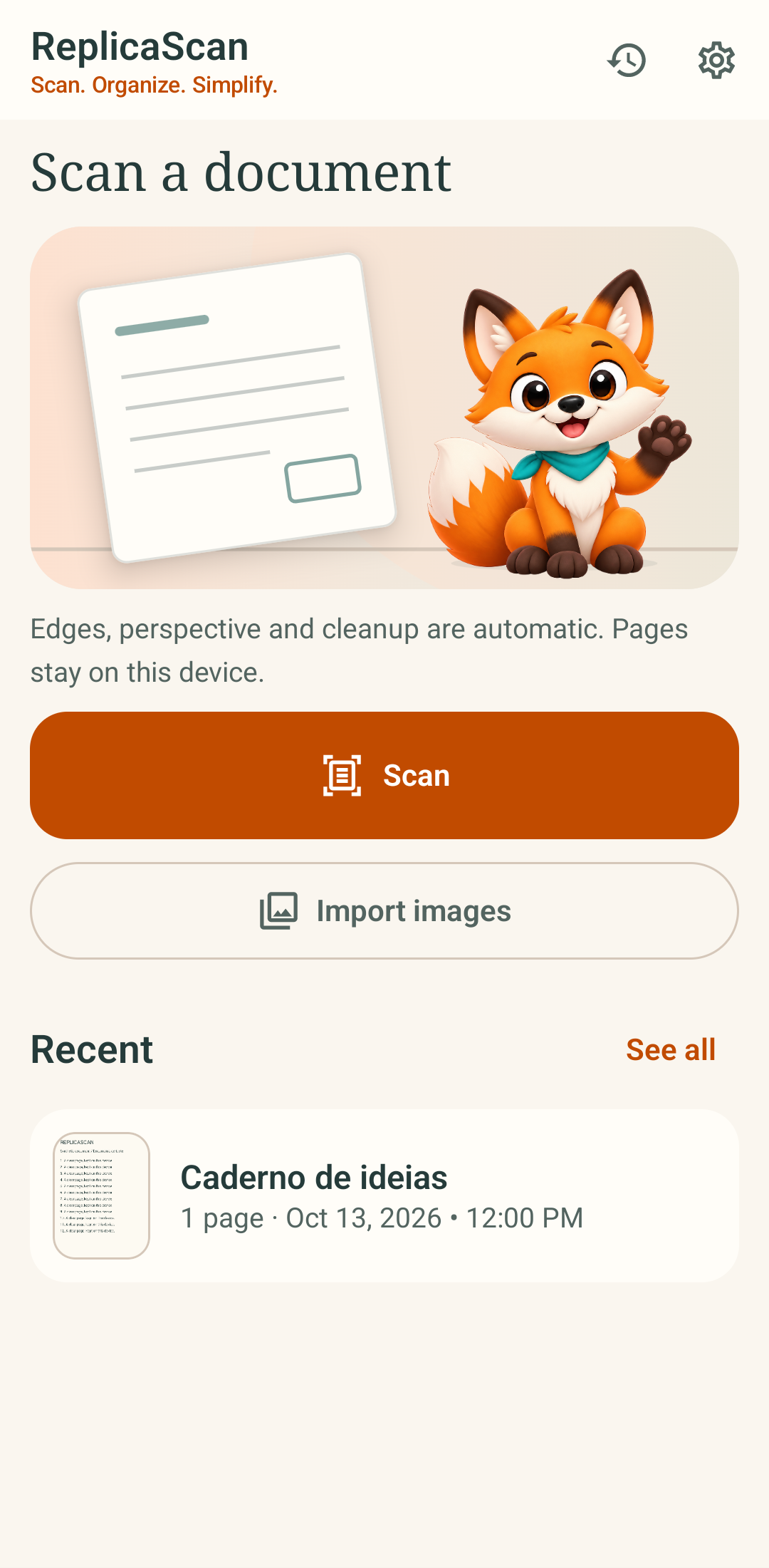 Tela inicial do ReplicaScan com ações Escanear e Importar imagens, raposa e documento recente.